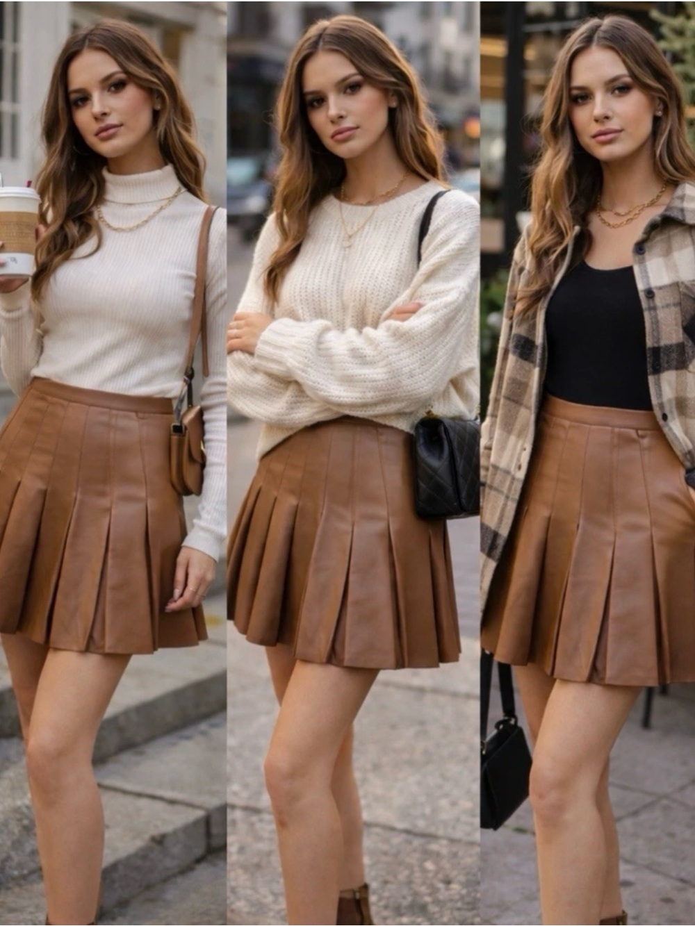 Love Tree Brown Faux Leather Pleated Skater Mini Skirt